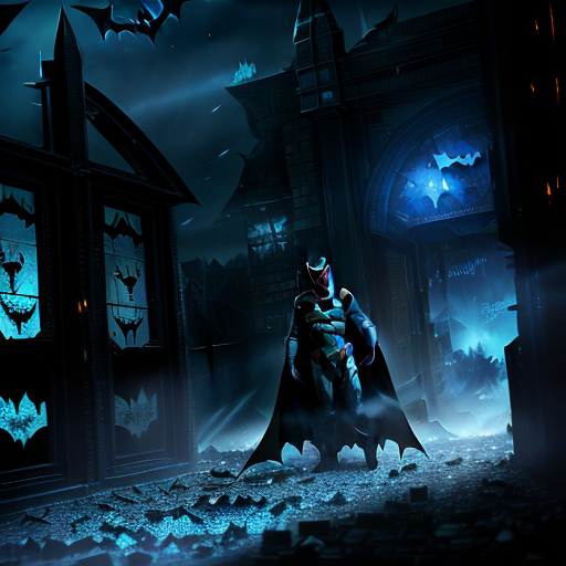 Batman standing tall amidst the shattered entrance of Arkham, framed by the Batmobile's headlights, his gaze riveted on a menacing alien creature with glowing blue eyes, adding an eerie illumination to the smoke-filled chaos.